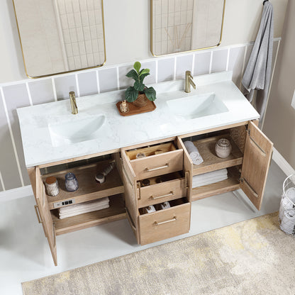San 72" Free-standing Double Bath Vanity in Washed Ash Grey with White Grain Composite Stone Top