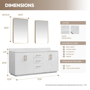 San 72" Free-standing Double Bath Vanity in White with White Grain Composite Stone Top