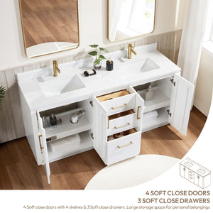 San 72" Free-standing Double Bath Vanity in White with White Grain Composite Stone Top