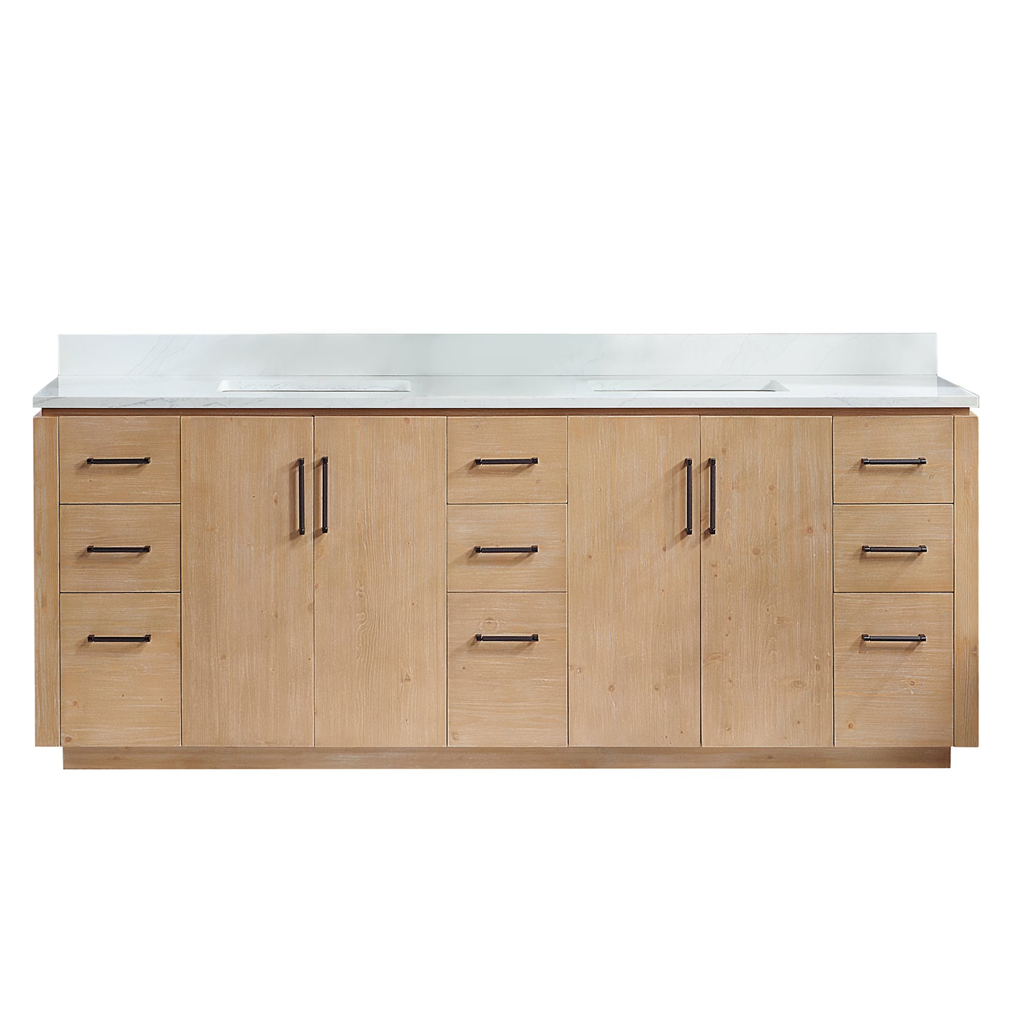 San 84" Free-standing Double Bath Vanity in Fir Wood Brown with White Grain Composite Stone Top
