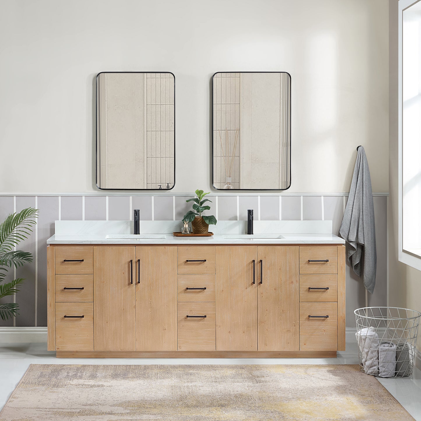 San 84" Free-standing Double Bath Vanity in Fir Wood Brown with White Grain Composite Stone Top