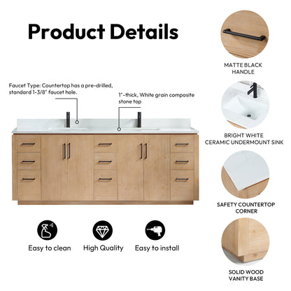 San 84" Free-standing Double Bath Vanity in Fir Wood Brown with White Grain Composite Stone Top