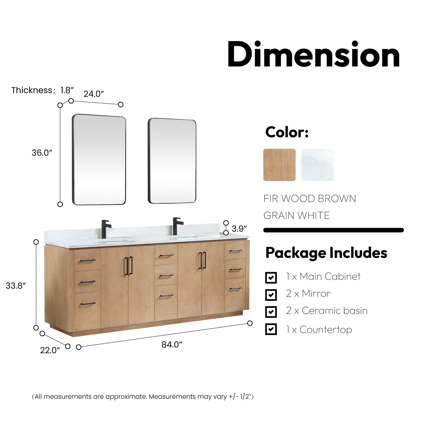 San 84" Free-standing Double Bath Vanity in Fir Wood Brown with White Grain Composite Stone Top