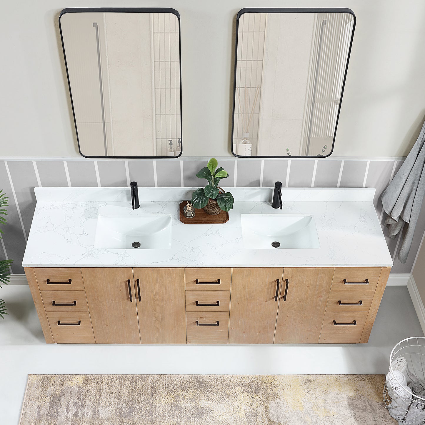 San 84" Free-standing Double Bath Vanity in Fir Wood Brown with White Grain Composite Stone Top