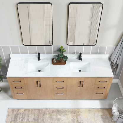 San 84" Free-standing Double Bath Vanity in Fir Wood Brown with White Grain Composite Stone Top