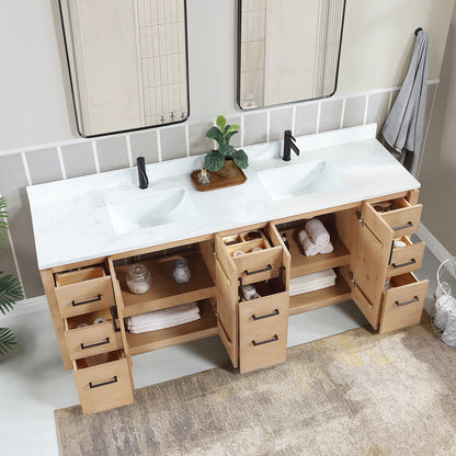 San 84" Free-standing Double Bath Vanity in Fir Wood Brown with White Grain Composite Stone Top