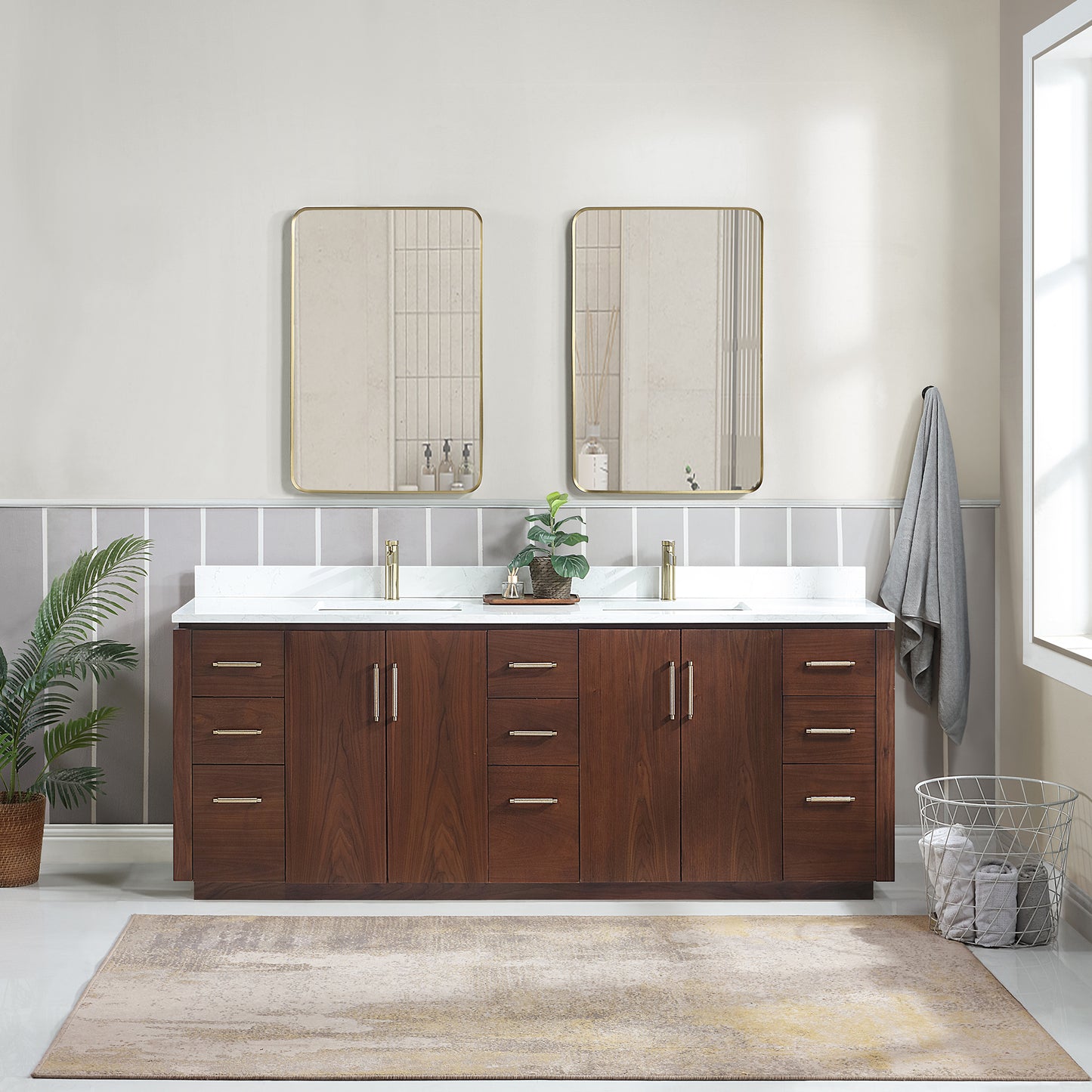 San 84" Free-standing Double Bath Vanity in Natural Walnut with White Grain Composite Stone Top