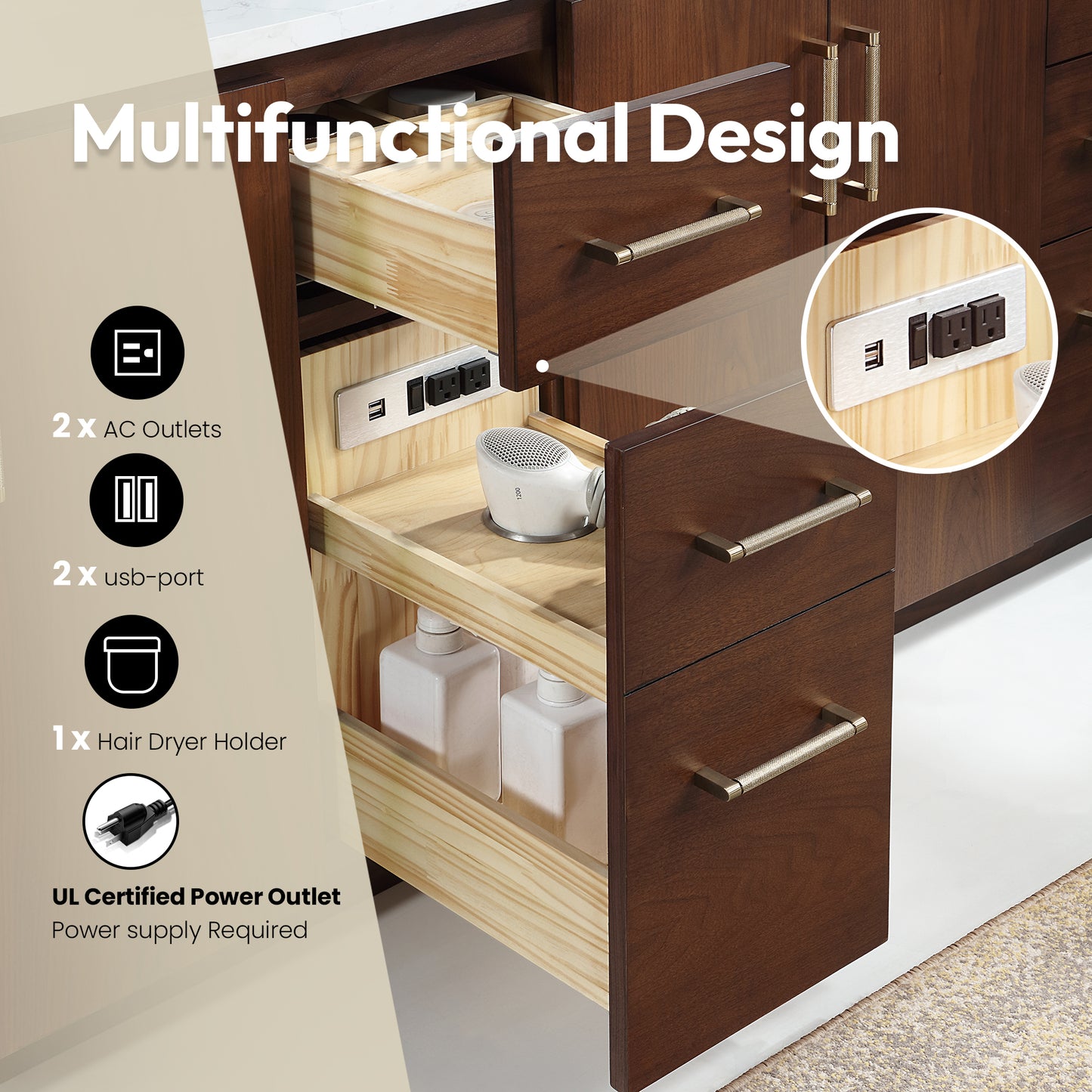 San 84" Free-standing Double Bath Vanity in Natural Walnut with White Grain Composite Stone Top