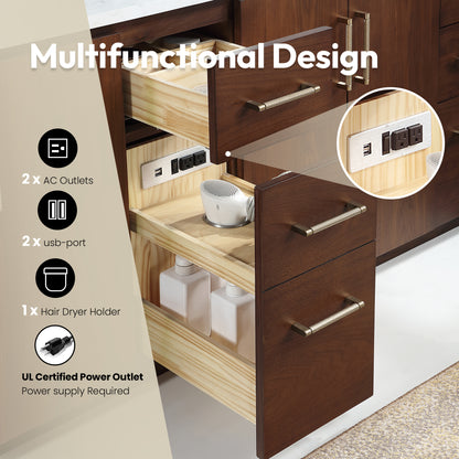 San 84" Free-standing Double Bath Vanity in Natural Walnut with White Grain Composite Stone Top