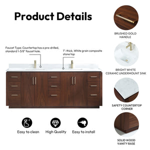 San 84" Free-standing Double Bath Vanity in Natural Walnut with White Grain Composite Stone Top