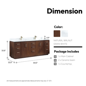 San 84" Free-standing Double Bath Vanity in Natural Walnut with White Grain Composite Stone Top