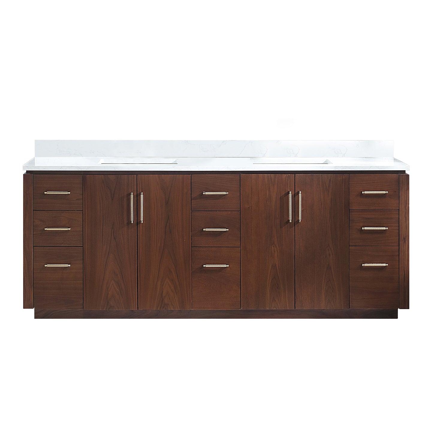 San 84" Free-standing Double Bath Vanity in Natural Walnut with White Grain Composite Stone Top