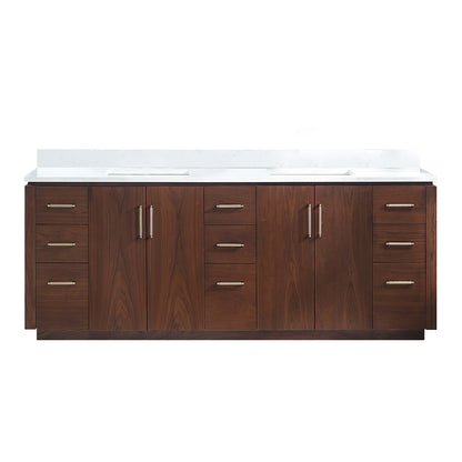 San 84" Free-standing Double Bath Vanity in Natural Walnut with White Grain Composite Stone Top