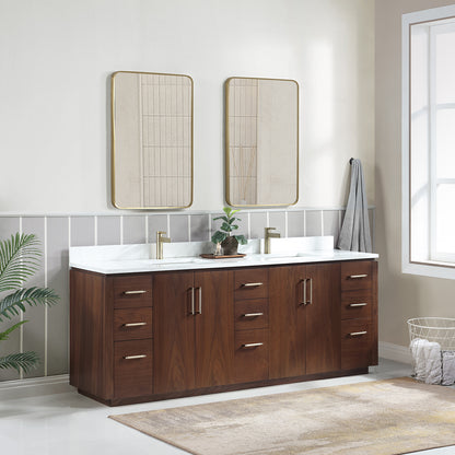 San 84" Free-standing Double Bath Vanity in Natural Walnut with White Grain Composite Stone Top