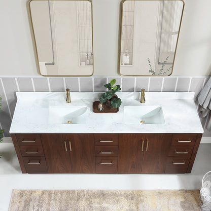 San 84" Free-standing Double Bath Vanity in Natural Walnut with White Grain Composite Stone Top