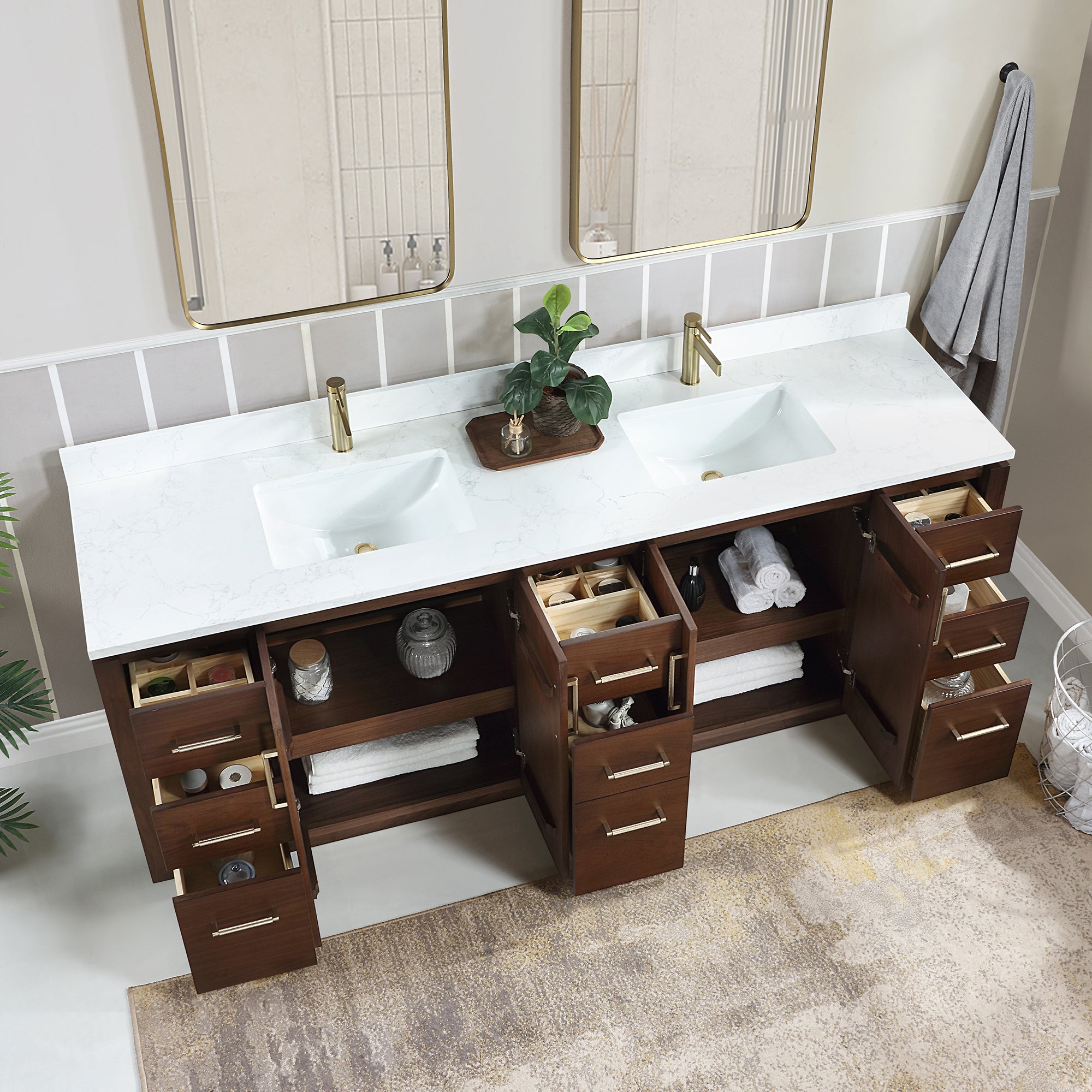 San 84" Free-standing Double Bath Vanity in Natural Walnut with White Grain Composite Stone Top
