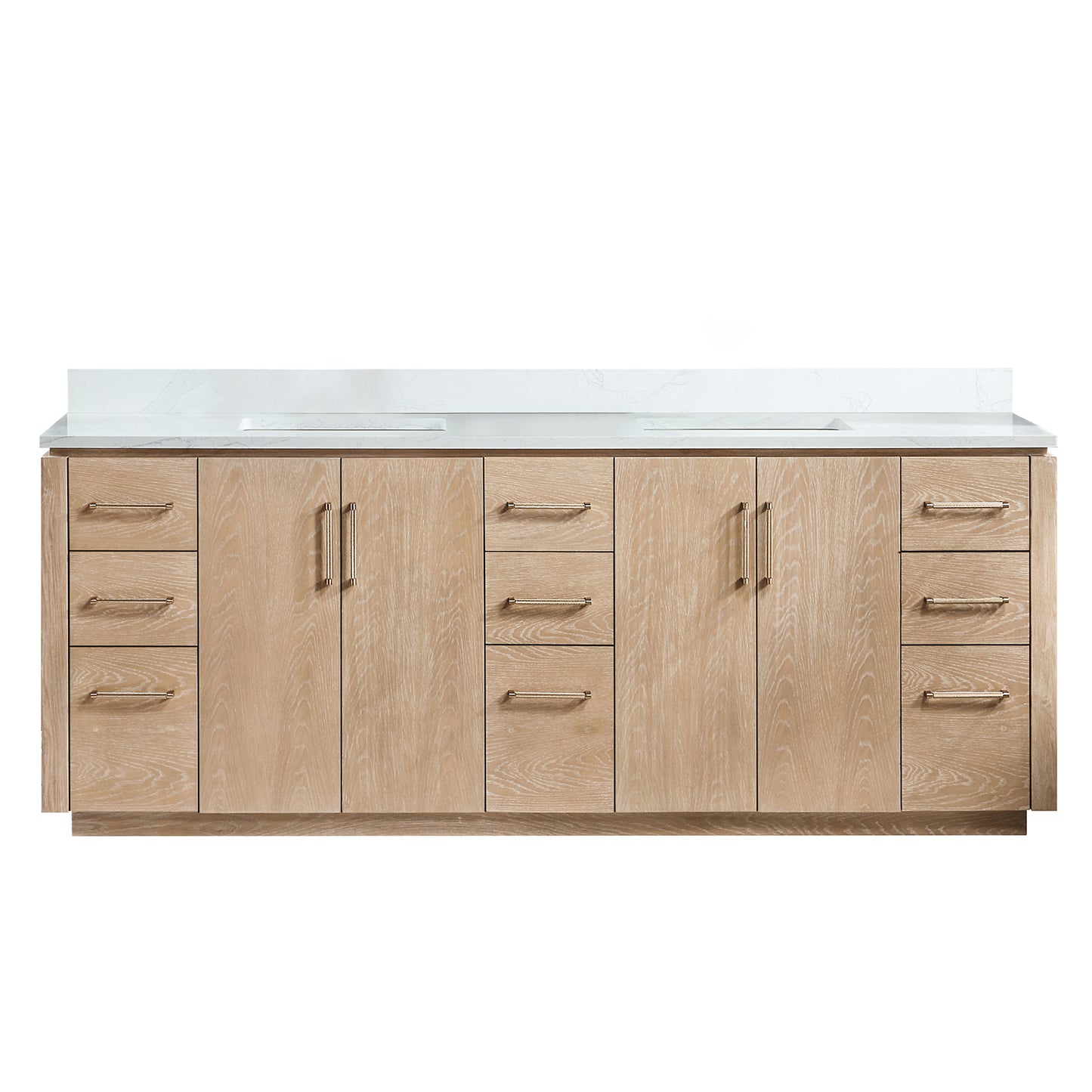 San 84" Free-standing Double Bath Vanity in Washed Ash Grey with White Grain Composite Stone Top
