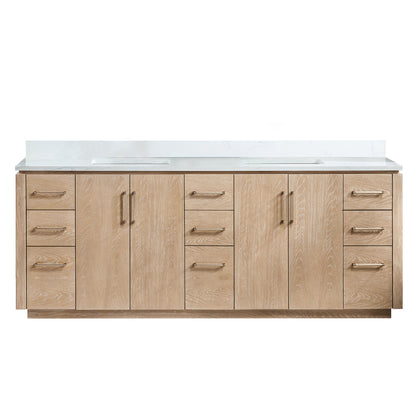 San 84" Free-standing Double Bath Vanity in Washed Ash Grey with White Grain Composite Stone Top