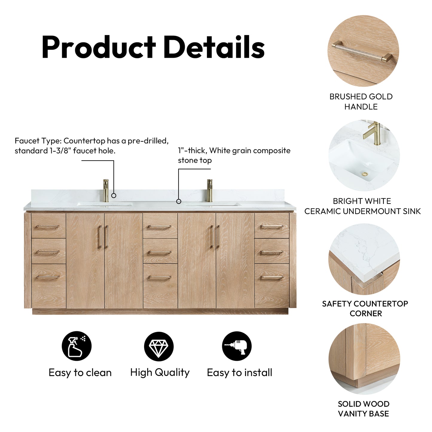 San 84" Free-standing Double Bath Vanity in Washed Ash Grey with White Grain Composite Stone Top