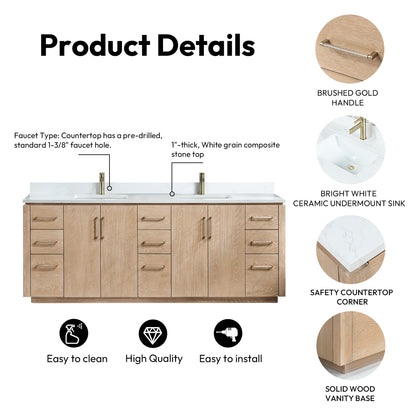 San 84" Free-standing Double Bath Vanity in Washed Ash Grey with White Grain Composite Stone Top