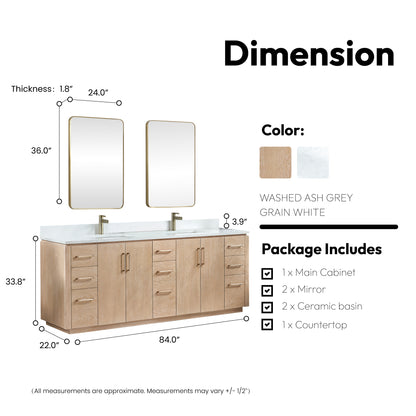 San 84" Free-standing Double Bath Vanity in Washed Ash Grey with White Grain Composite Stone Top