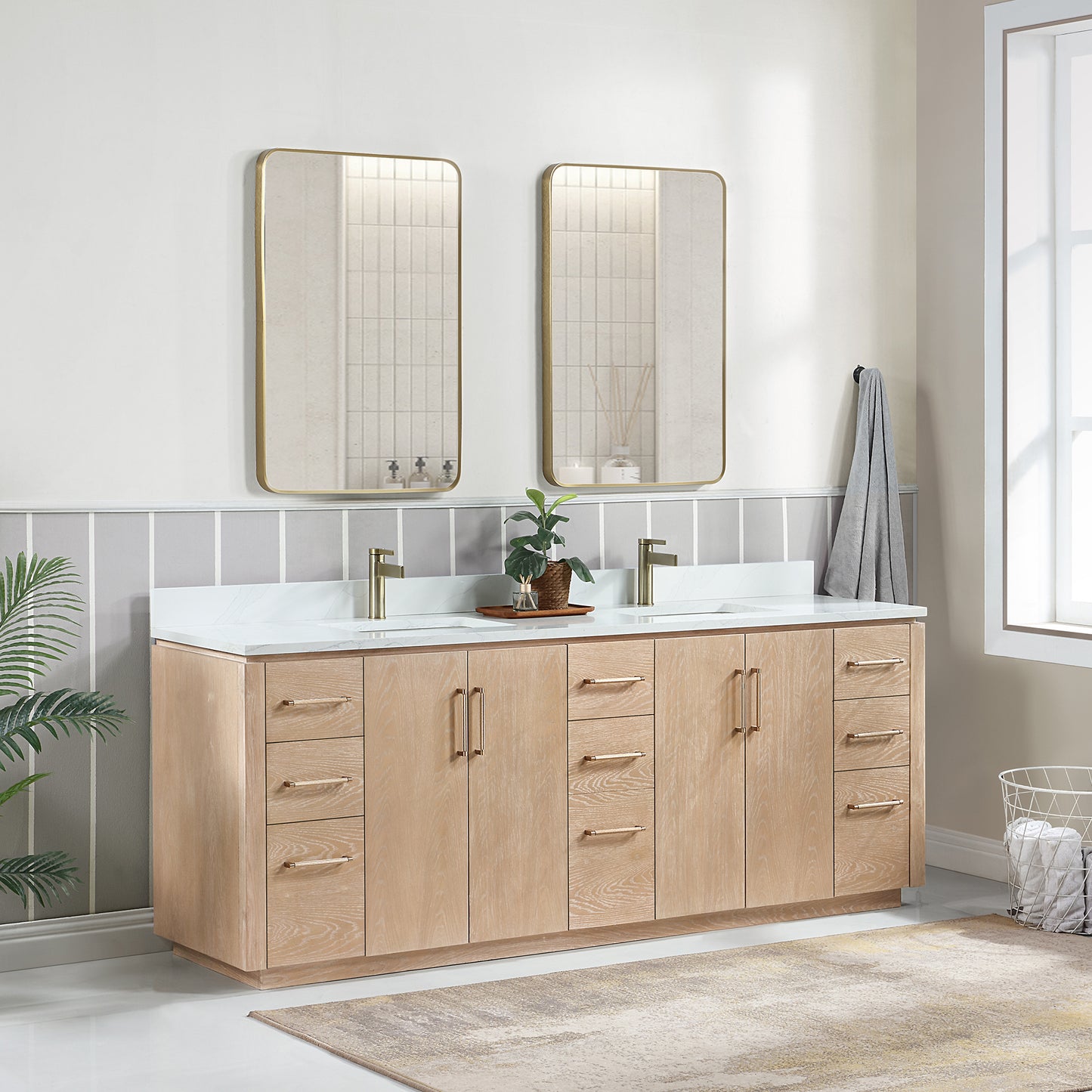 San 84" Free-standing Double Bath Vanity in Washed Ash Grey with White Grain Composite Stone Top