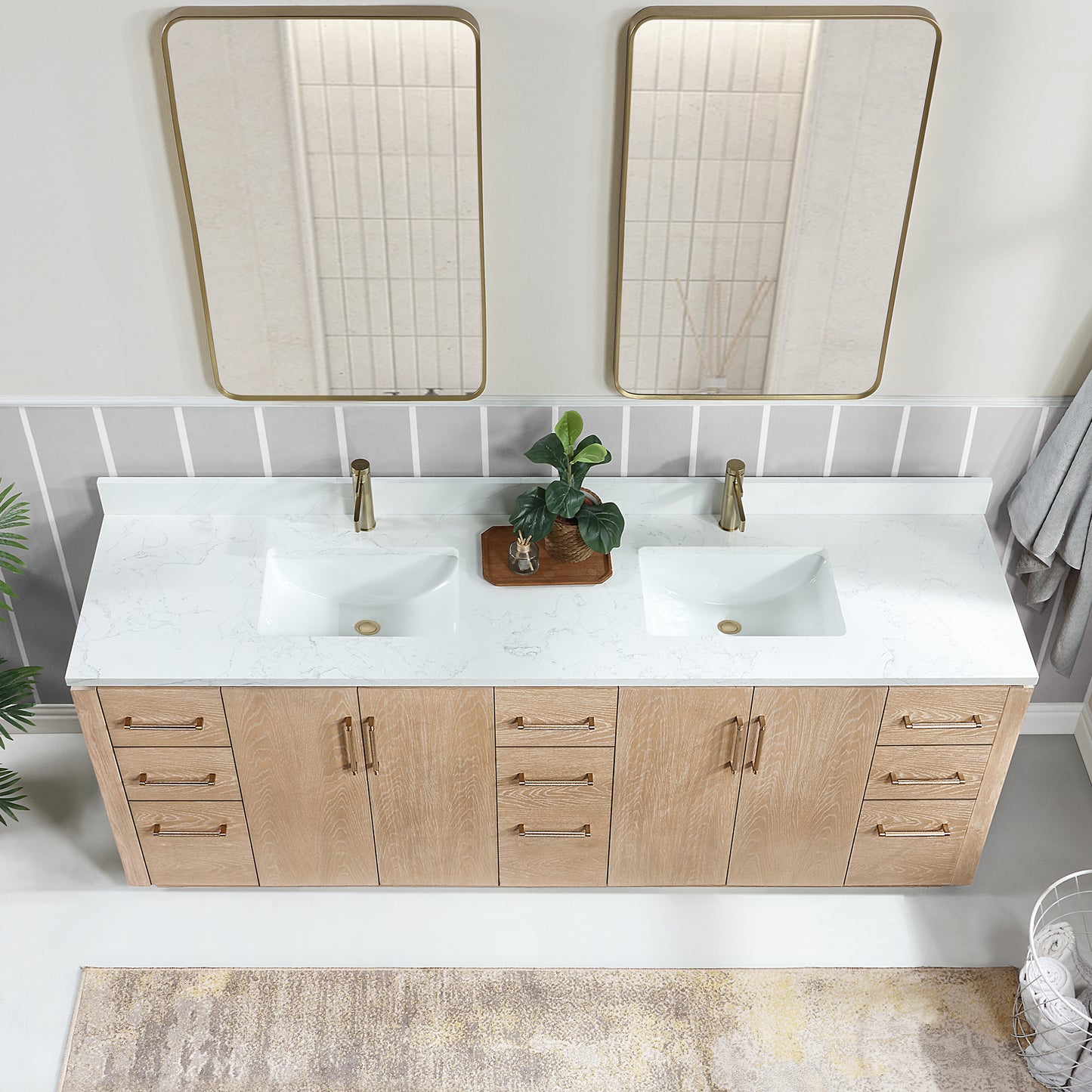 San 84" Free-standing Double Bath Vanity in Washed Ash Grey with White Grain Composite Stone Top