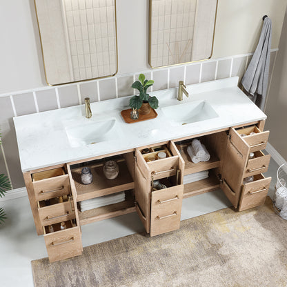 San 84" Free-standing Double Bath Vanity in Washed Ash Grey with White Grain Composite Stone Top