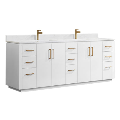 San 84" Free-standing Double Bath Vanity in White with White Grain Composite Stone Top