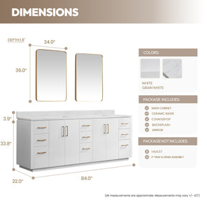 San 84" Free-standing Double Bath Vanity in White with White Grain Composite Stone Top