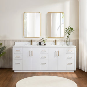 Open image in slideshow, San 84&quot; Free-standing Double Bath Vanity in White with White Grain Composite Stone Top
