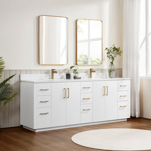 San 84" Free-standing Double Bath Vanity in White with White Grain Composite Stone Top