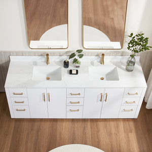 San 84" Free-standing Double Bath Vanity in White with White Grain Composite Stone Top