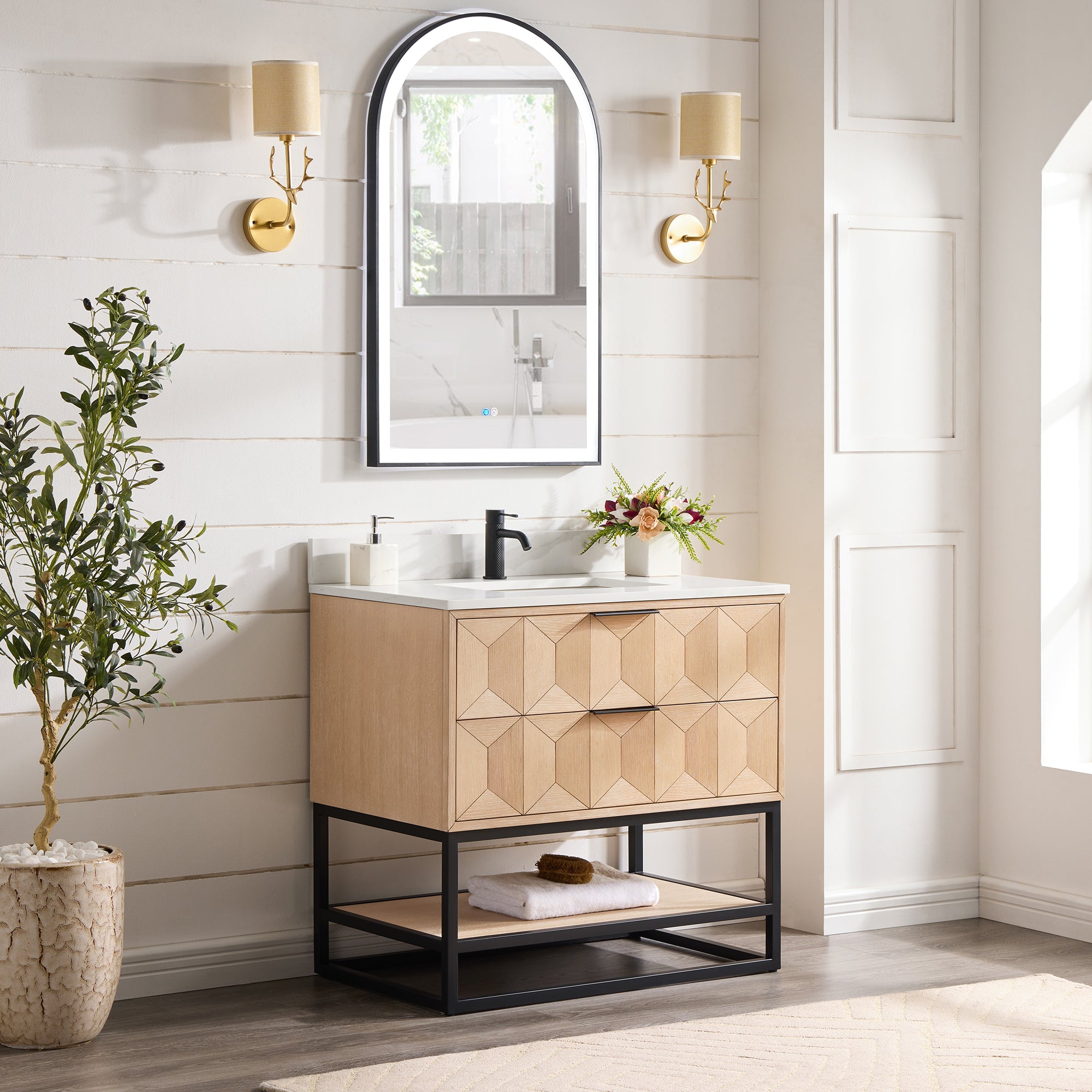 Milagro 36B" Free-standing Single Bath Vanity in Washed Ash Grey with Fish Maw White Quartz Stone Top