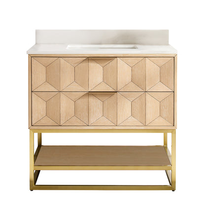 Milagro 36G" Free-standing Single Bath Vanity in Washed Ash Grey with Fish Maw White Quartz Stone Top