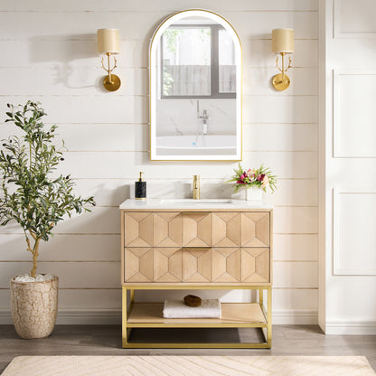 Milagro 36G" Free-standing Single Bath Vanity in Washed Ash Grey with Fish Maw White Quartz Stone Top