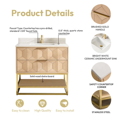 Milagro 36G" Free-standing Single Bath Vanity in Washed Ash Grey with Fish Maw White Quartz Stone Top
