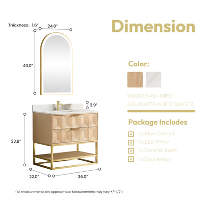 Milagro 36G" Free-standing Single Bath Vanity in Washed Ash Grey with Fish Maw White Quartz Stone Top