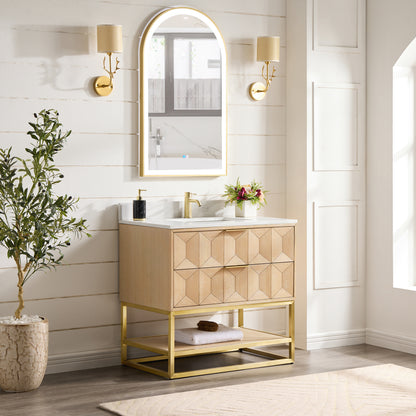 Milagro 36G" Free-standing Single Bath Vanity in Washed Ash Grey with Fish Maw White Quartz Stone Top