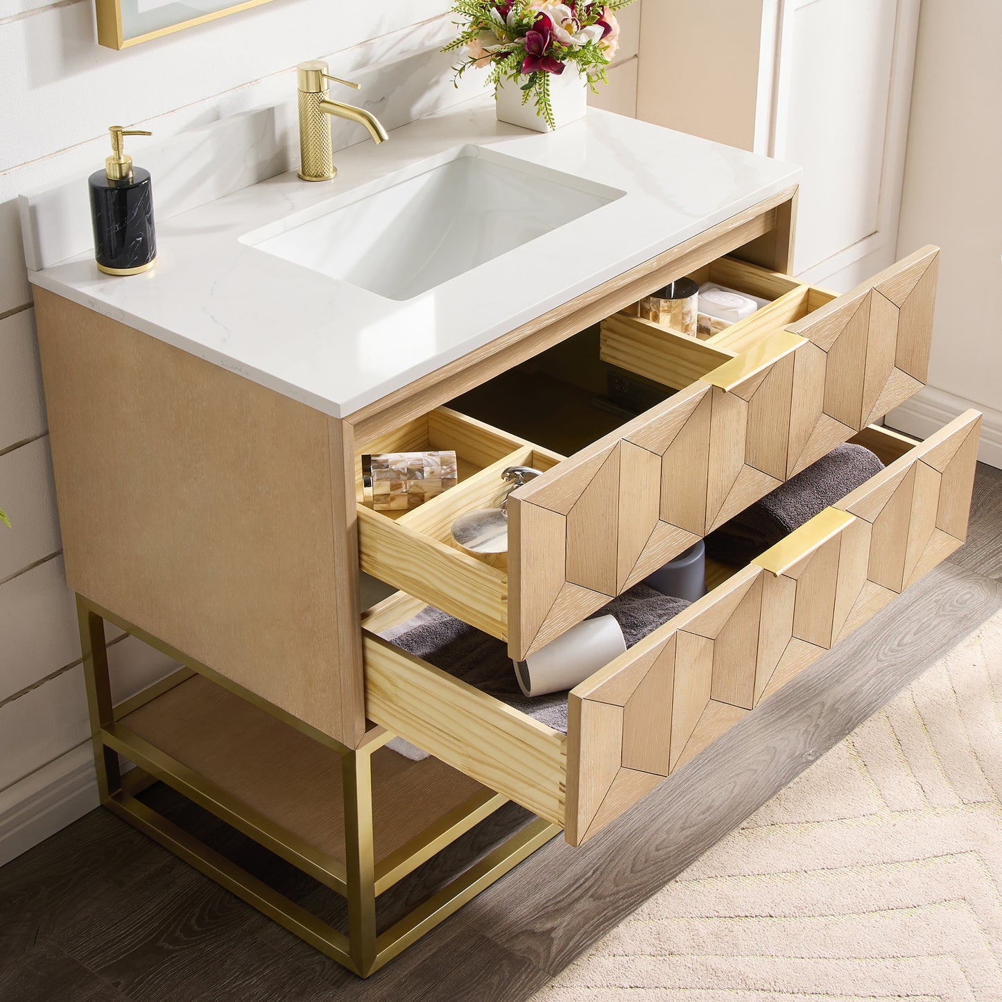 Milagro 36G" Free-standing Single Bath Vanity in Washed Ash Grey with Fish Maw White Quartz Stone Top