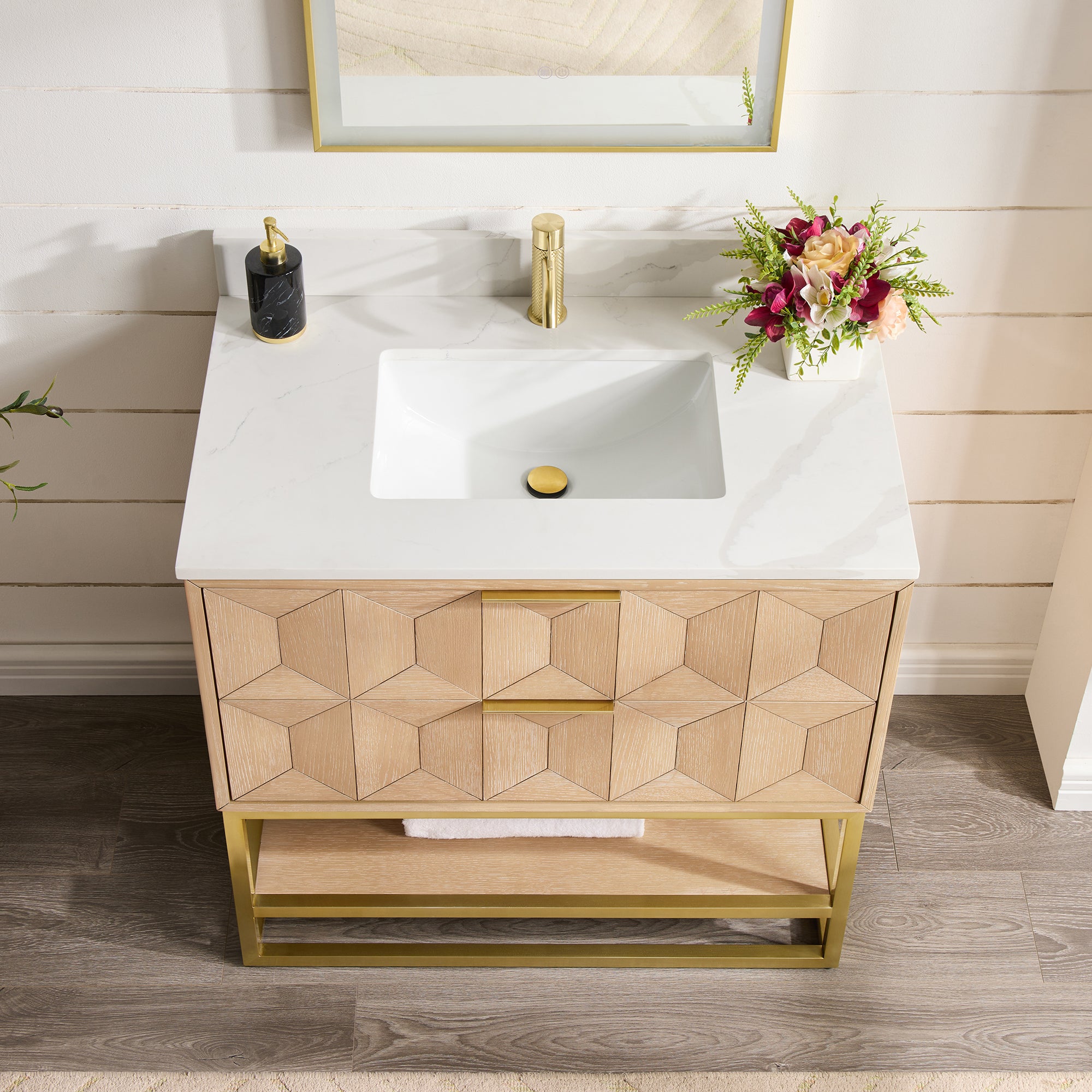 Milagro 36G" Free-standing Single Bath Vanity in Washed Ash Grey with Fish Maw White Quartz Stone Top