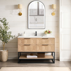 Open image in slideshow, Milagro 48B&quot; Free-standing Single Bath Vanity in Washed Ash Grey with Fish Maw White Quartz Stone Top
