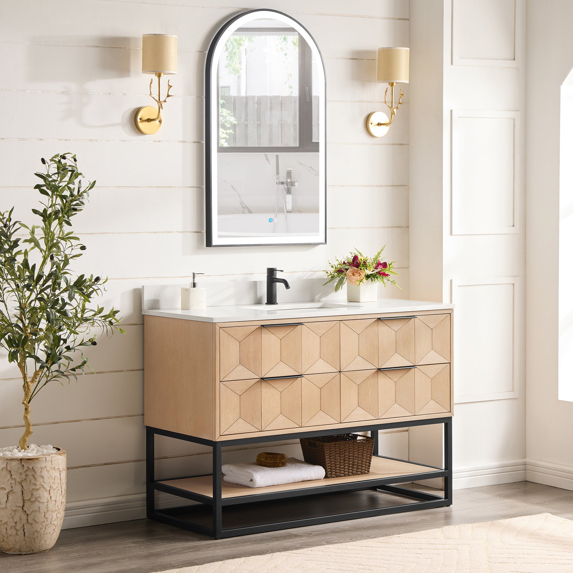Milagro 48B" Free-standing Single Bath Vanity in Washed Ash Grey with Fish Maw White Quartz Stone Top