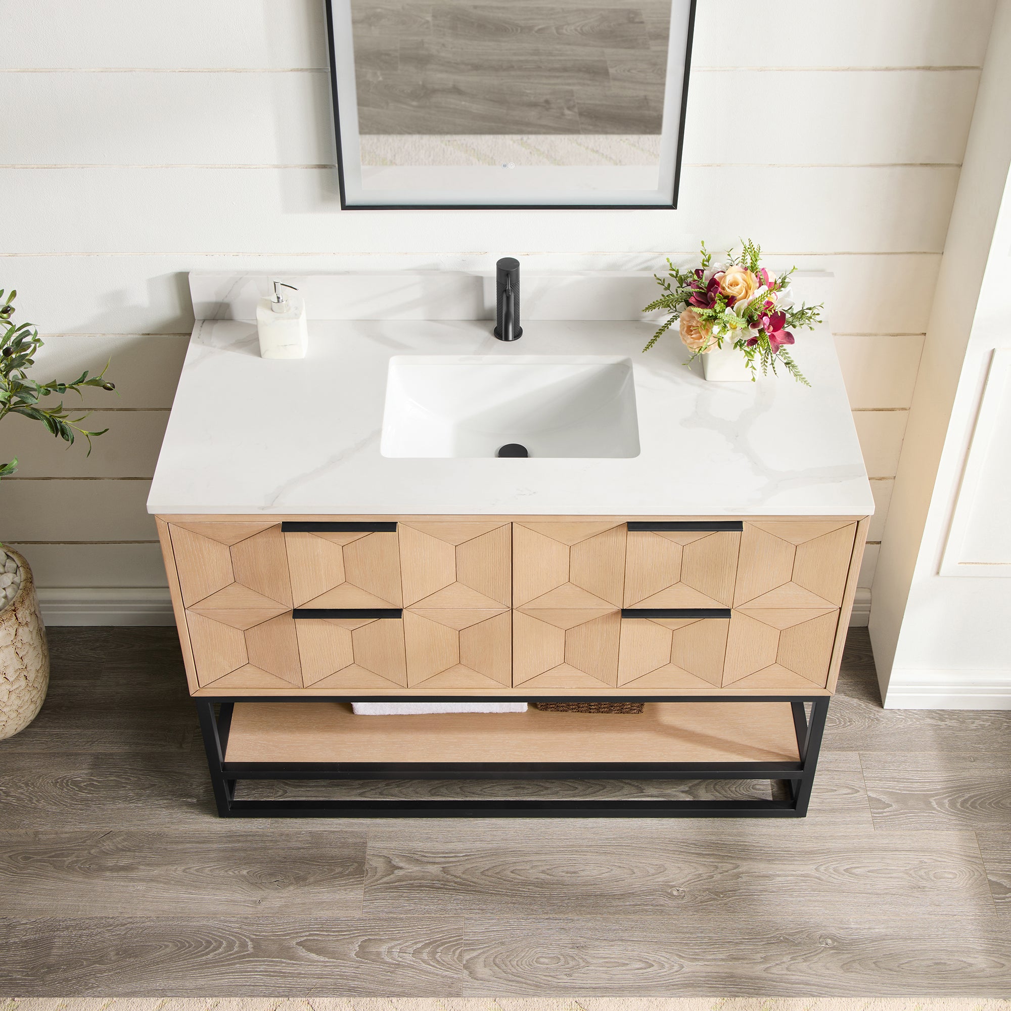 Milagro 48B" Free-standing Single Bath Vanity in Washed Ash Grey with Fish Maw White Quartz Stone Top