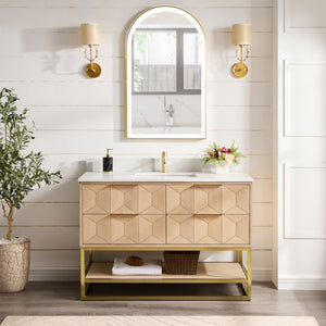 Open image in slideshow, Milagro 48G&quot; Free-standing Single Bath Vanity in Washed Ash Grey with Fish Maw White Quartz Stone Top
