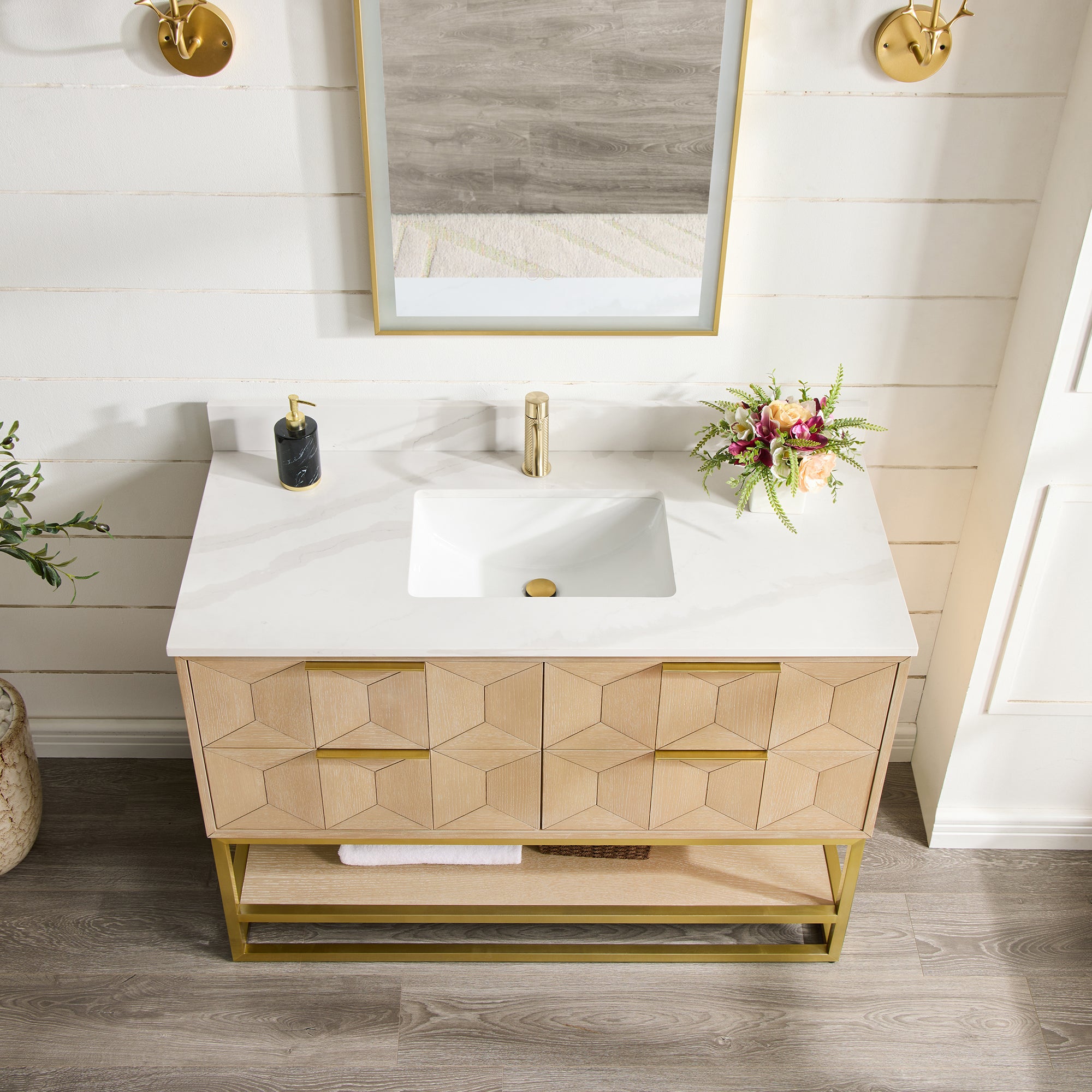 Milagro 48G" Free-standing Single Bath Vanity in Washed Ash Grey with Fish Maw White Quartz Stone Top