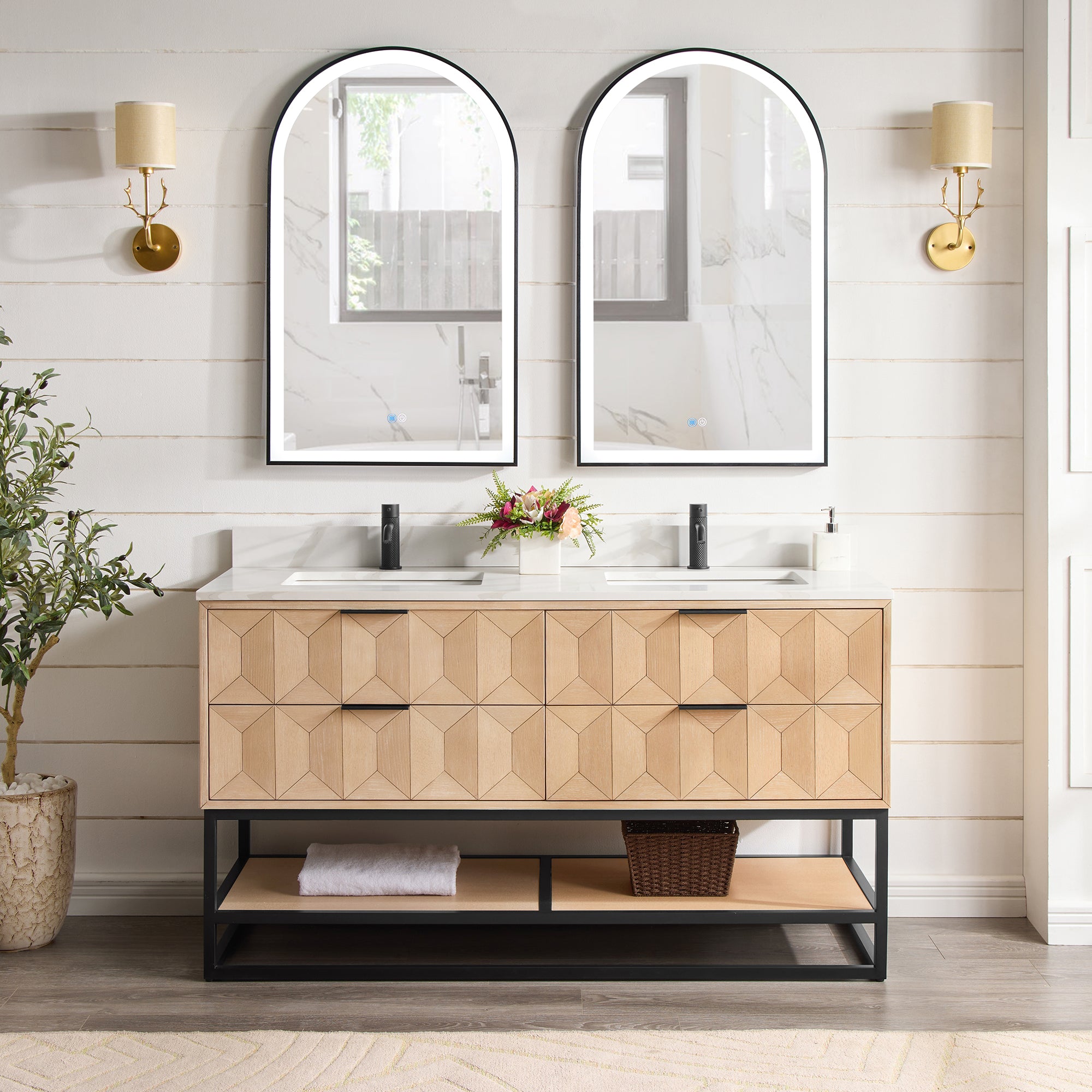 Milagro 60MB" Free-standing Double Bath Vanity in Washed Ash Grey with Fish Maw White Quartz Stone Top