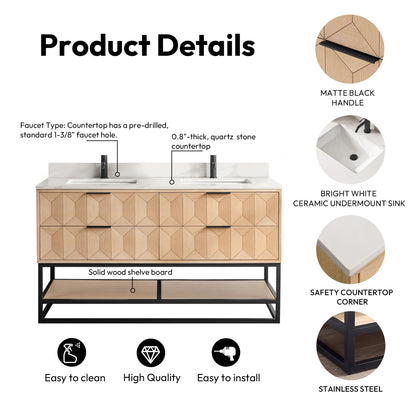 Milagro 60MB" Free-standing Double Bath Vanity in Washed Ash Grey with Fish Maw White Quartz Stone Top