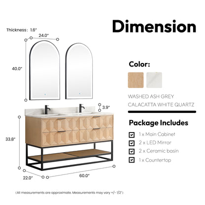 Milagro 60MB" Free-standing Double Bath Vanity in Washed Ash Grey with Fish Maw White Quartz Stone Top