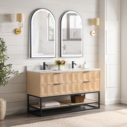 Milagro 60MB" Free-standing Double Bath Vanity in Washed Ash Grey with Fish Maw White Quartz Stone Top